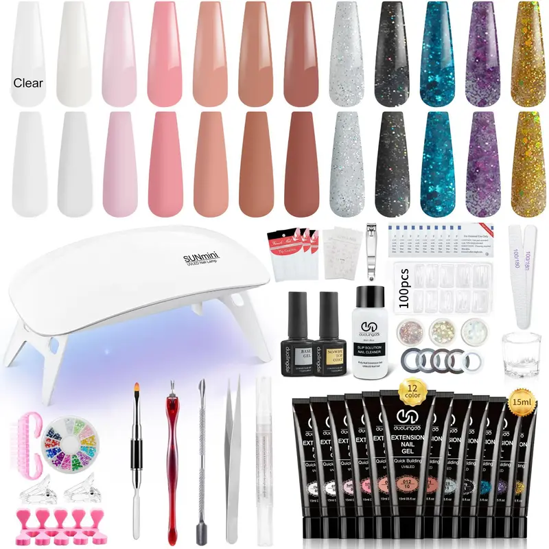 Poly Extension Gel Nail Kit, 12 Colors Poly Nail Gel Kit with Nail Lamp, Slip Solution, Basic Poly Gel, Tools, Trendy Nail Extension Gel for Nail Art Design, Polygel Nail Kit, Nail Supplies, Poly Gel Nail Kit Complete, Gel Nail Set, Builder Gel Nail Kit