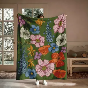 Botanical Flannel Cottagecore Throw Blanket - Dark Green Vintage Floral Wildflower, Rustic Charm Soft Cozy Warm, For Sofa Bed, Gift For Her, Forest Cottage Decor, Cottagecore Throws, Rustic Charm Throws