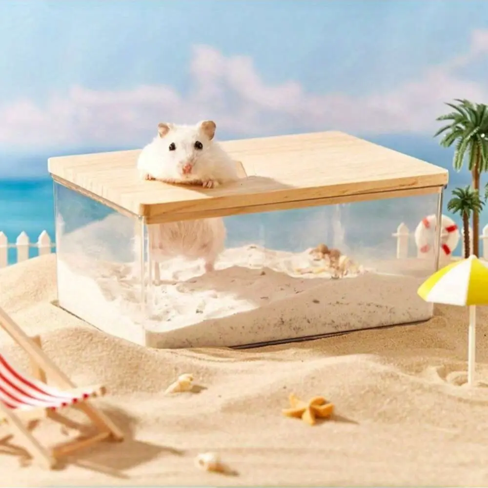 Transparent Acrylic Bath Sandbox or Ladder, Dual Purpose Large Small Pet Toilet Bowl, Beach Theme Design, Wooden Platform, Ideal for Goldfish Supplies, Hamster Cage Habitat, Hamster Cabinet Habitat