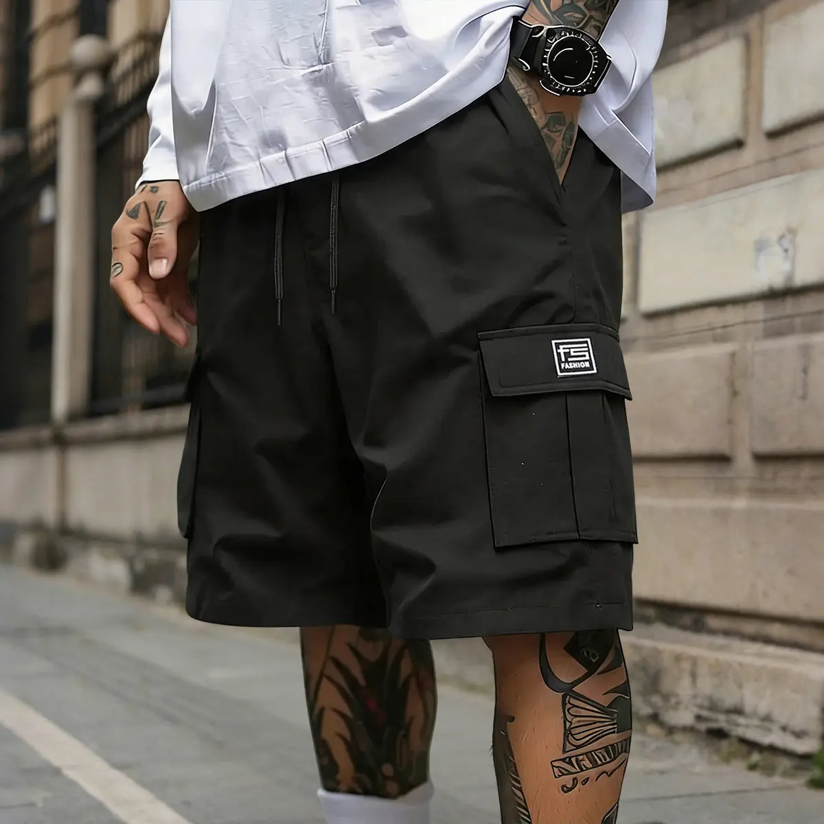 Men’s casual cargo pants with multifunctional pockets, solid color, drawstring elastic waistband; suitable for outdoor sports, fitness, running, and casual wear. Men’s shorts, summer shorts, summer clothing, menswear.