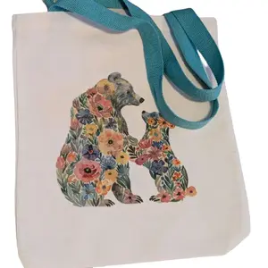 Floral Mama Bear Design Canvas Tote Bag 13x14in with Aqua Colored Straps beach essentials
