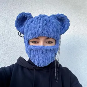 Bear Ears Crochet Balaclava Women Handmade Chain Circle Knitted Hat Party Chenille Mask Warm Beanies Ear Protection Skullies Cap