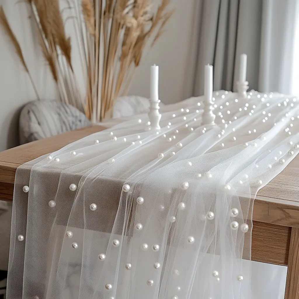 Pearl Sheer Table Runner Net Cloth, Luxurious Decorative Cloth, Elegant Outdoor Wedding Stair Room Decoration, Bride DIY Headpiece Veil, Party Decorations