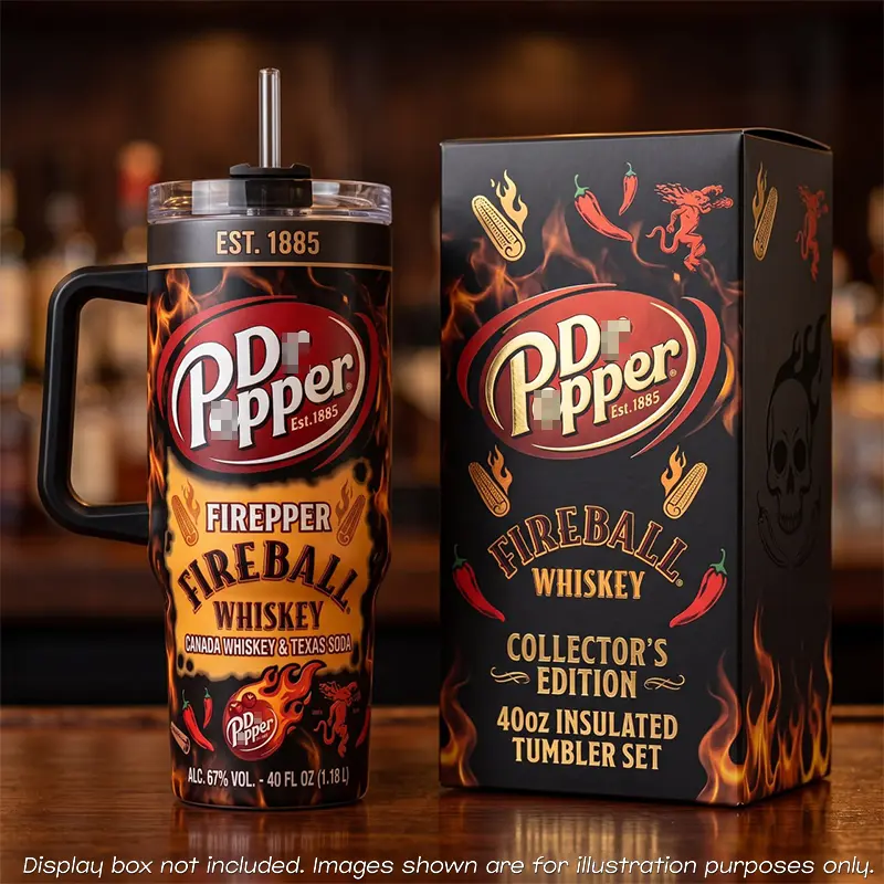Pepper Firepper Fireball Whiskey Est 1885 Canada Whiskey & Texas Soda Tumbler 40oz With Handle Straw, Stainless Steel Insulated Travel Mug, Flame Collector's Edition, 40 Fl Oz 1.18L 67% Vol, Unique Birthday Gift Idea For Whiskey Soda Lovers