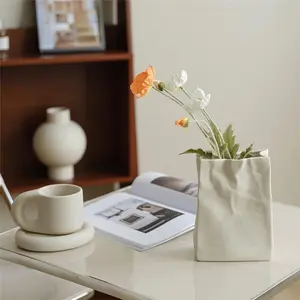 Crinkle Paper Bag Shape Ceramic Vase, Large Capacity for Flower Arrangement, Bookshelf Decorative (Matte Crème)
