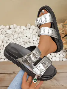 Thick Sole Couple Sandals, Two Strap Sandals, Retro Casual Fashion Style, Adjustable Metal Buckle, Comfortable Arch Support, Beach Shoes for Summer Outing