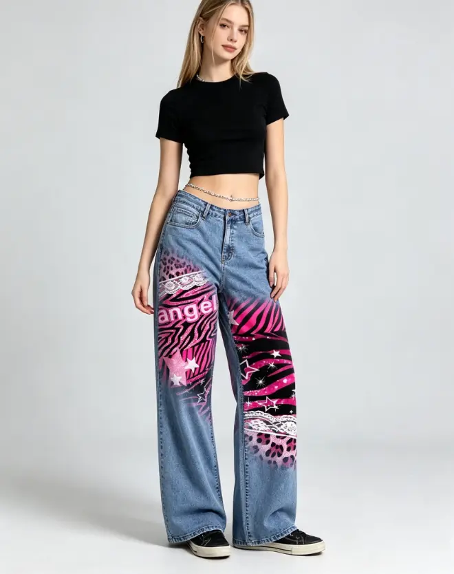 Pink Zebra Leopard Star Angel Y2K Wide Leg Jeans, DGT Direct To Garment Print, Unisex Baggy Flare Denim