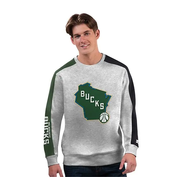 Starter Stadium State Grey Milwaukee Bucks Crewneck Sweatshirt