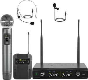 Microphone System,Metal  Mic Set w/Handheld/Bodypack/Headset/Lapel Mics,2 x 30 UHF Frequencies, 200 ft Range, Cordless Mic for Singing, Karaoke, Church (PTU-52-1H1B)