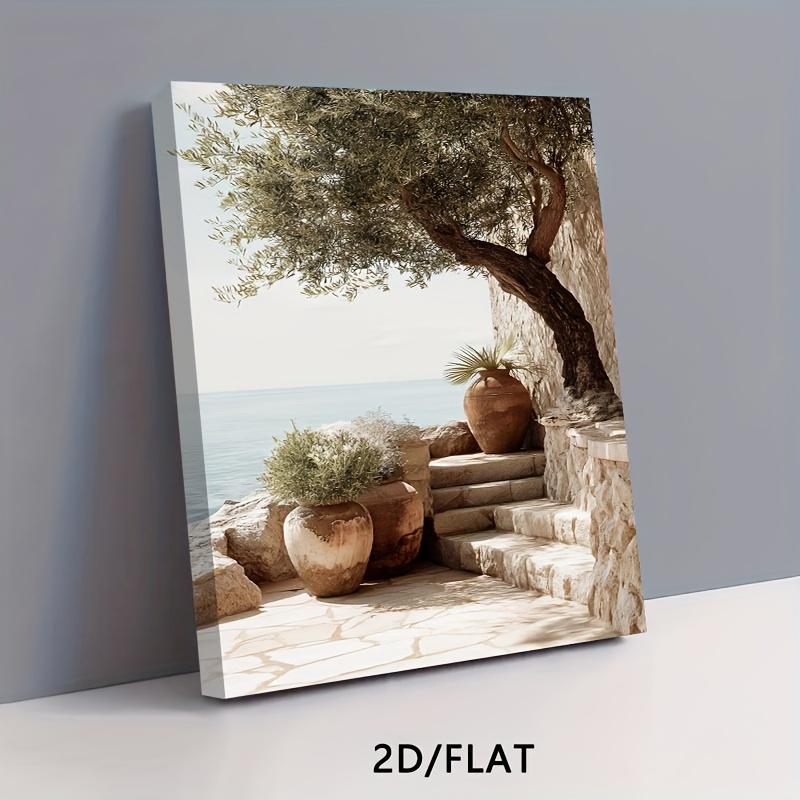 2D Flat Olive Tree Stone Steps Terracotta Pot Mediterranean Wall Art Print, Canvas Wrapped, Hook Type, Rustic Art Deco, Ideal for Living Room, Bedroom, Office, Dining Room, Coffee Shop, Holiday Gift, Outdoor Indoor, Modern Style, Solid Pattern