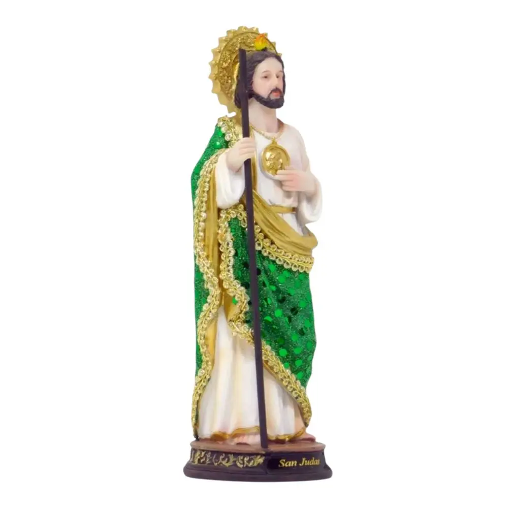 San Judas 8" Inches Tall Statue Vestido Tela Green and Gold Robe,Regular, Canvas, Brillo Religious Decor Saint Jude patron saint art image, home decor, wall decor, church events, gifts