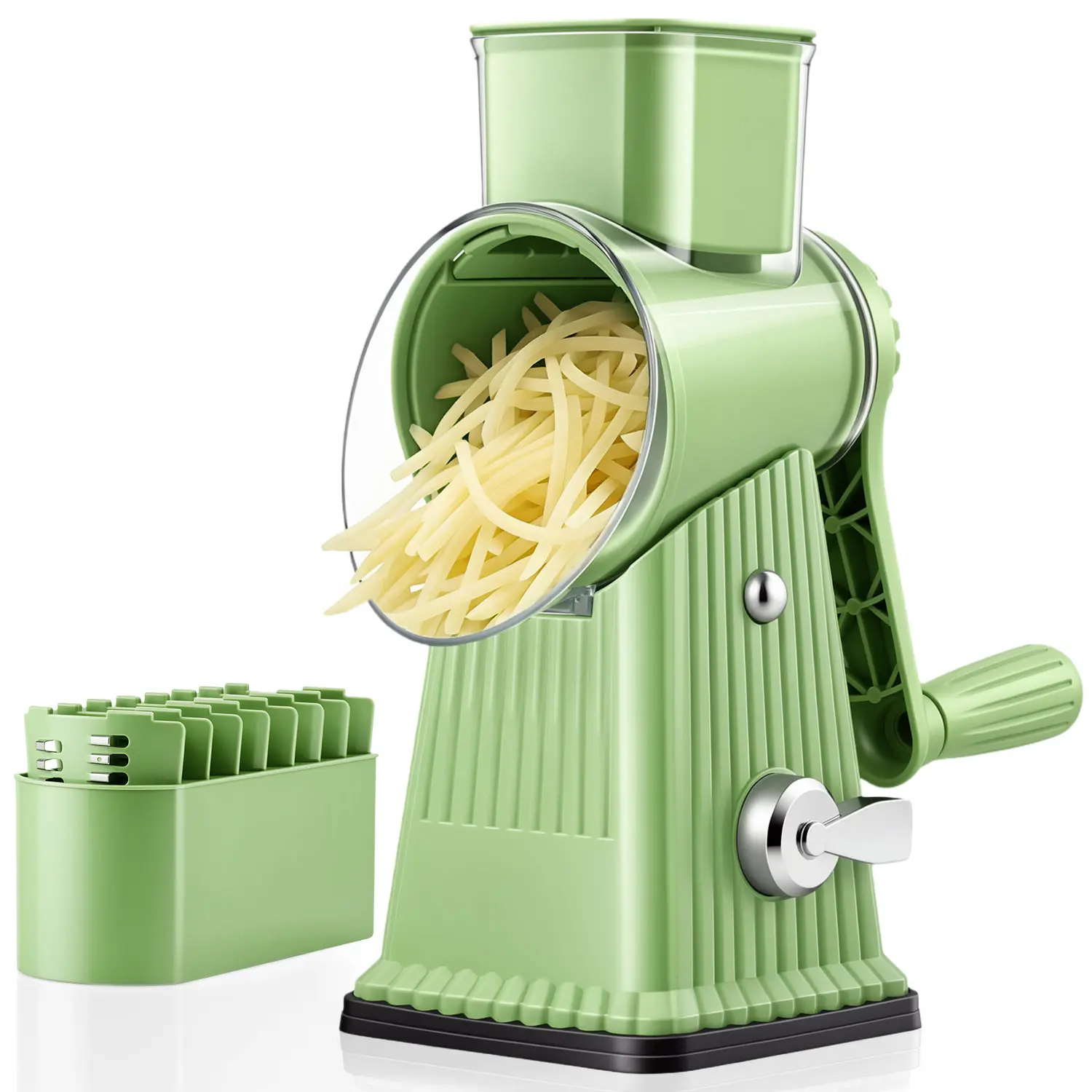 Manual Rotary Cheese Grater with Handle, 5 Interchangeable Stainless Steel Blades, Vegetable Slicer & Cheese Shredder, Strong Suction Base, Kitchen Food Prep Tool