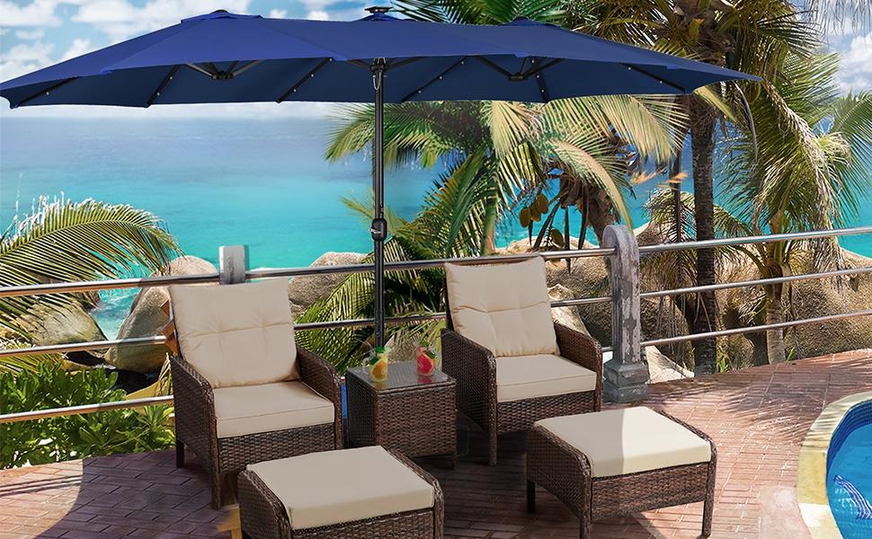 【Solar LED Lights Umbrella】Yaheetech 15/13ft Large Patio Umbrella, Outdoor Double-Sided Rectangle Umbrella with 36 LED Lights & Crank for Patio Garden Pool Lawn Backyard, Base Included