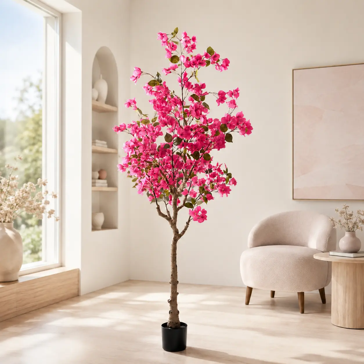 6FT Artificial Pink Bougainvillea Tree, Lifelike Faux Flowering Tree with Black Pot, Tall Decorative Plant for Living Room, Bedroom, Office, Entryway & Wedding Decor sohochic