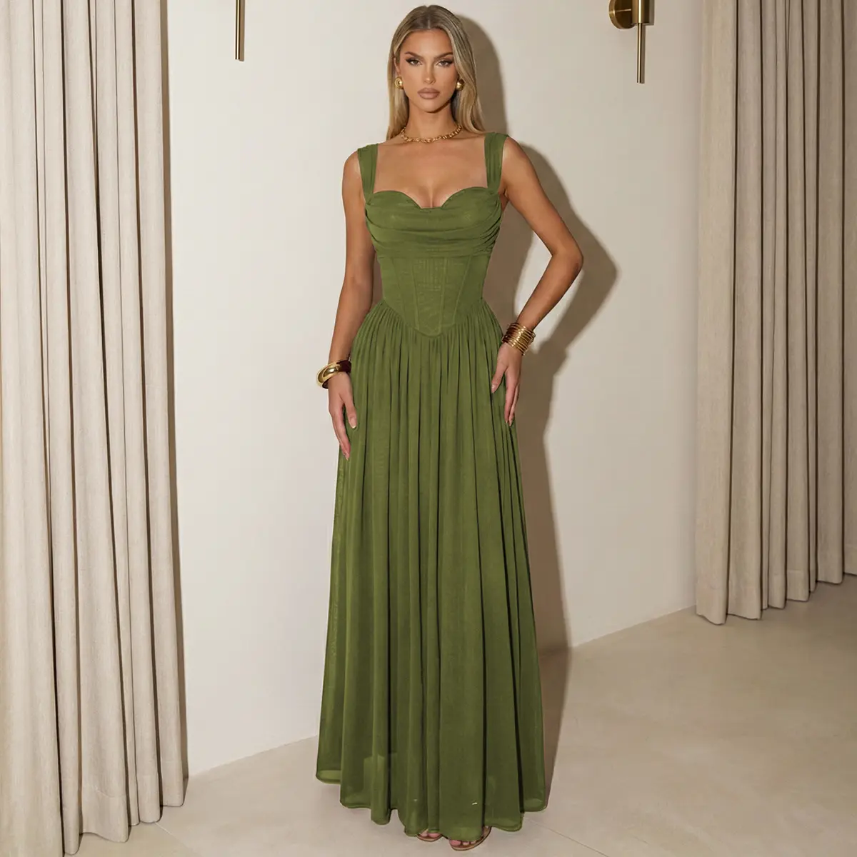 avocado green formal dress Avocado Green Satin Off the Shoulder Prom Dress