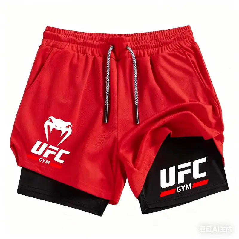 Men's 2025 Summer 2-Piece 2-in-1 Double-Layer Pullstring Waist Graphic Shorts - UFC Fighting Fan Breezy Casual Athletic Multifunctional Sportswear for Running, Gym, Casual Athletic Shorts, Multifunctional Men's Shorts