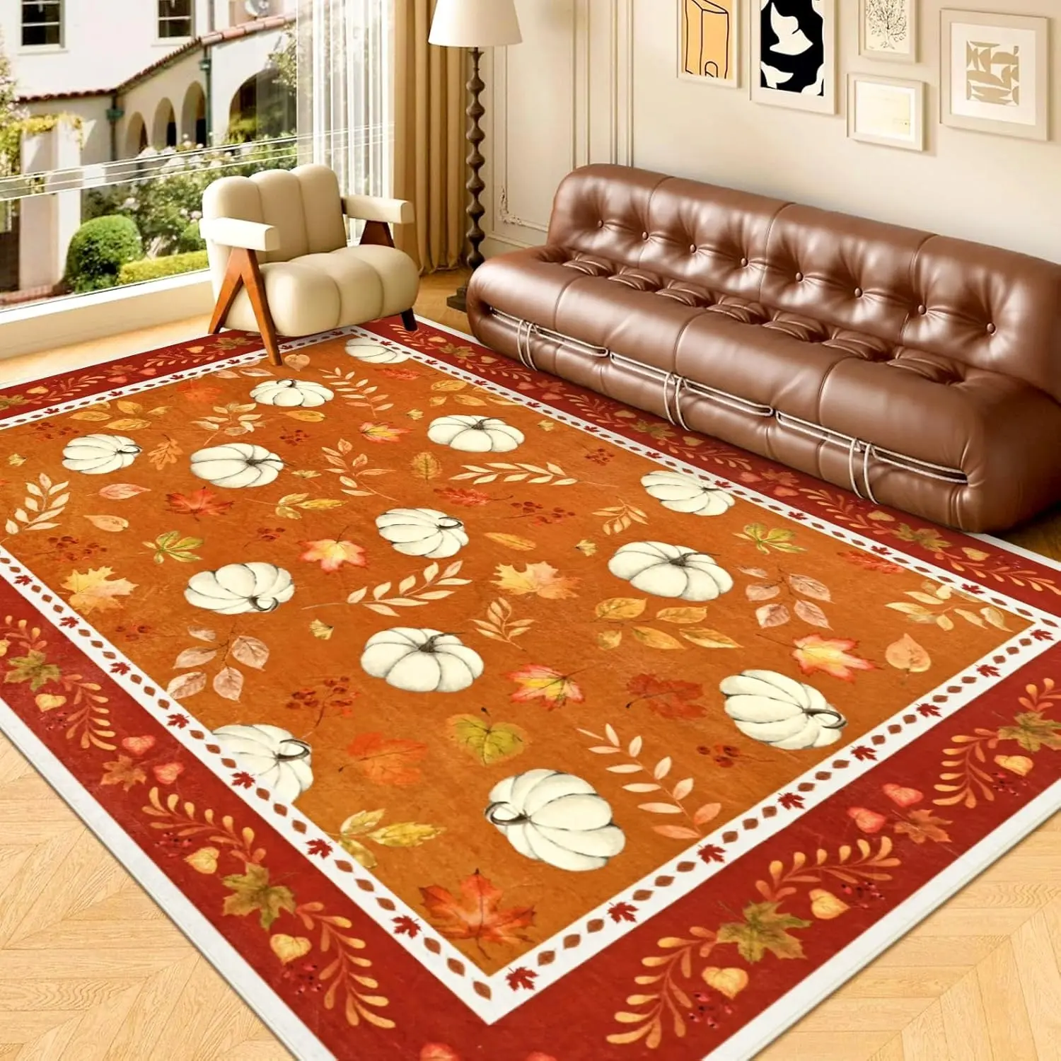 Maple Leaf Pumpkin Decorative Rug, Non-Slip Washable Area Carpet, Washable Rugs for Living Room Bedroom Sofa Coffee Table Entrance Hallway, Machine Washable Rug