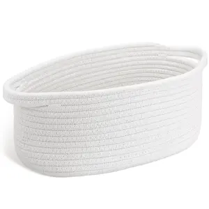 Sowyem Cute Small Woven Basket with Handles, 12"x 8" x 5" Rope Room Shelf Storage Basket Chest Box for Cat and Dog Toys, Empty Decorative Gift - White