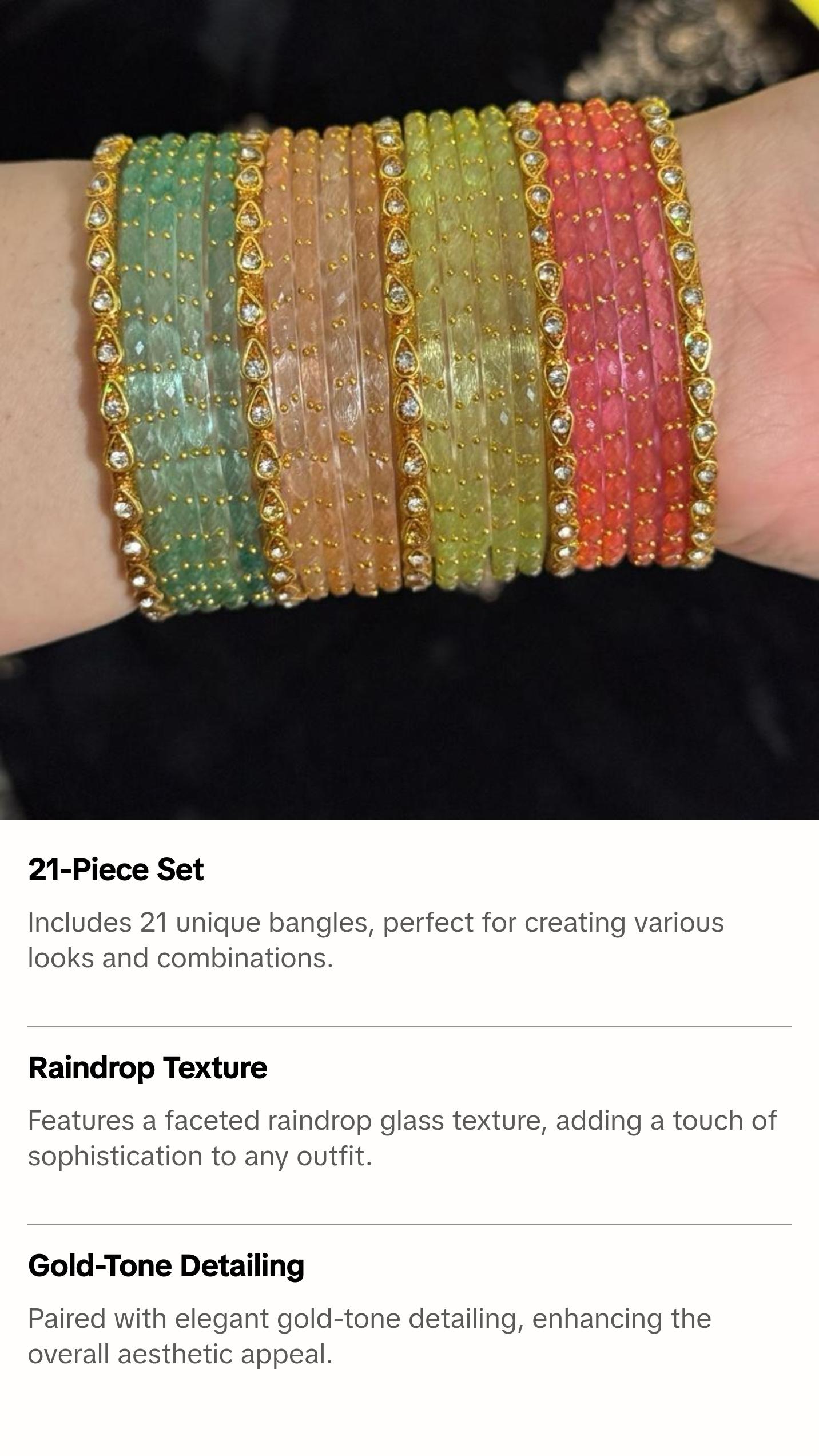 21 Pcs Raindrop Glass Bangles with Kundan Style Glass Stone Bangle Set for Party and Wedding
