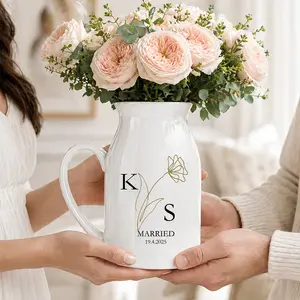 Personalized Ceramic Flower Vase Custom Initials Wedding Date Vase Minimal White Pitcher Vase Married Keepsake Gift Spring Home Decor Room Decor Table Centerpiece Gift For Couple Gift For Her Newlyweds Anniversary Housewarming