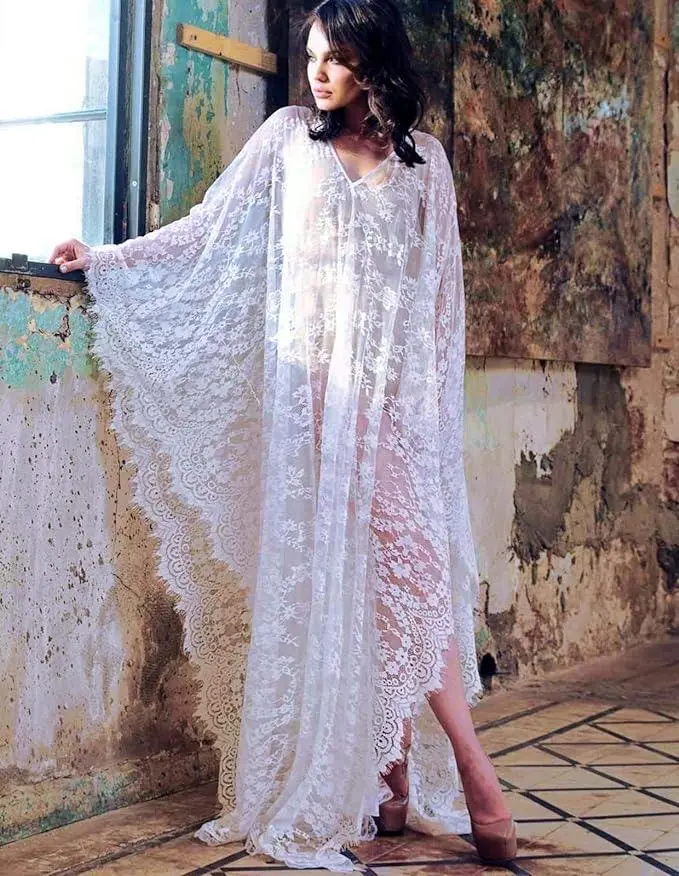 FITSHINLING Women's Plus Size Boho Beach Kaftan - Sheer Lace V-Neck Maxi Swim Coverup for Summer Anniversary, Maternity, Honeymoon, Valentine's Day, 4XL Curvy Clothing Swimwear Coverups Bikini Swimsuit Coverup