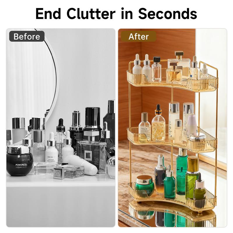 UFORU 3 Tiers Corner Bathroom Counter Organizer, Clear Countertop Shelf Storage Rack, Cosmetic Perfume Tray Standing Holder with Gold Metal Pole, Skincare Sink Organizer for Vanity Kitchen Transparent Smooth