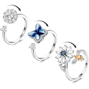 *FRC2 3/6 Pcs Fidget Anxiety Rings for Women Adjustable Open Ring Set Spinner Fidget Rings for Anxiety Cubic Zirconia Flower Butterfly Bead Stress Relief Stackable Rings