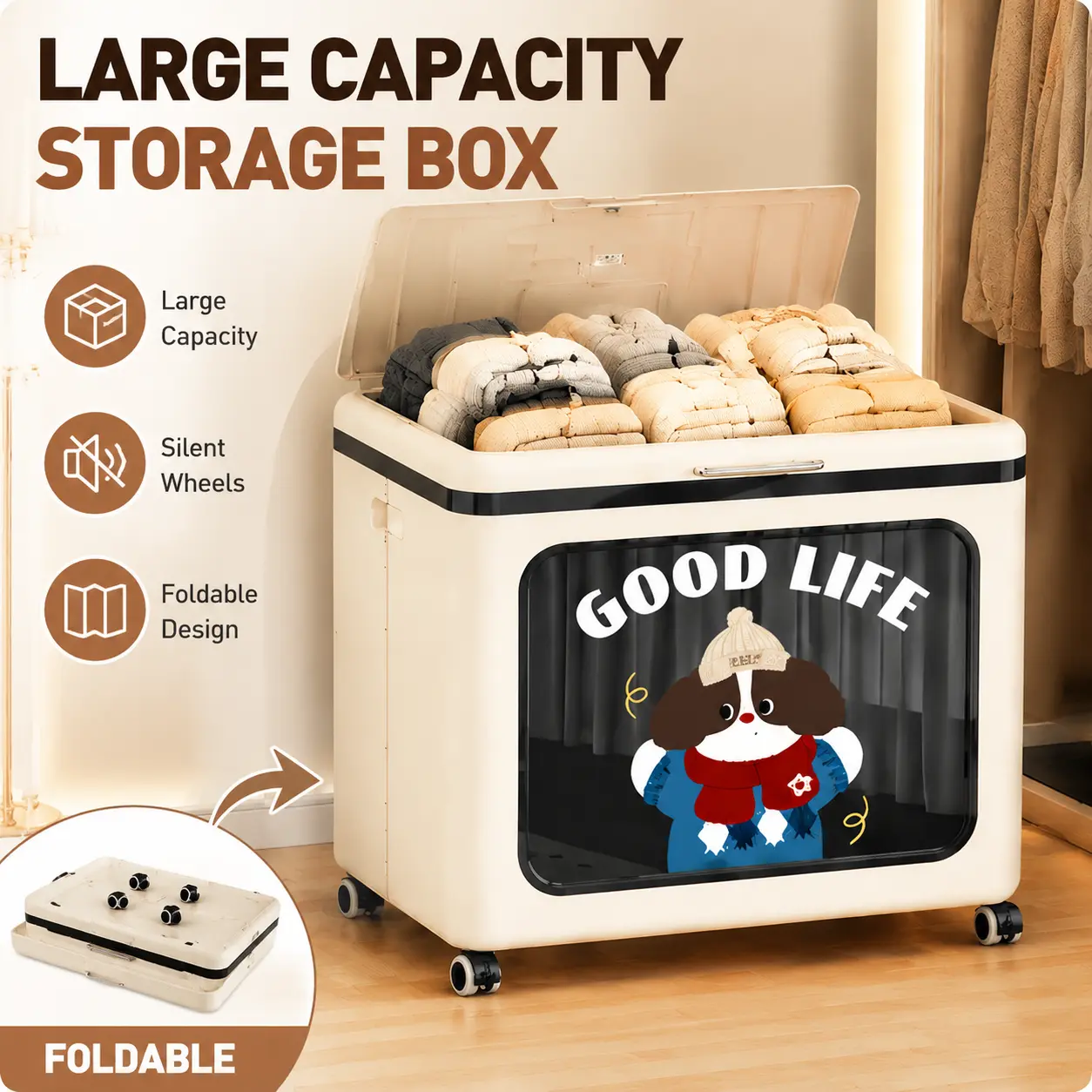 Large Storage Box with Wheels Foldable Clothes Organizer