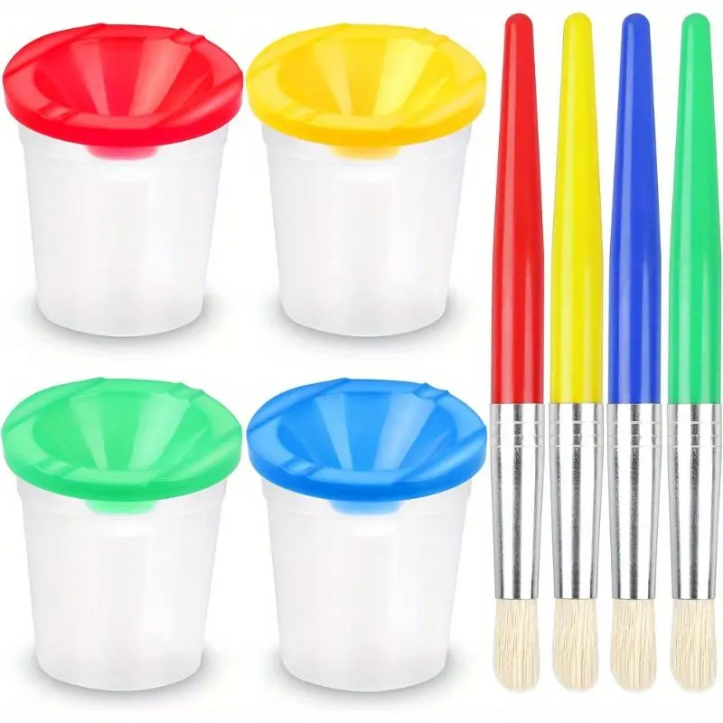 Spill Proof Paint Cups With Pastel Color Lids With 4pcs Paint Brushes, Great Painting Tools, Art Supplies, Hand Painting Set