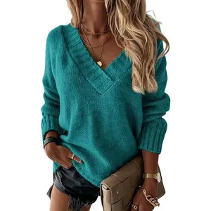 ARTFREE Womens Loose Sweaters Sexy V Neck Long Sleeve Solid Knitted Jumper Pullover Sweatshirt Tops
