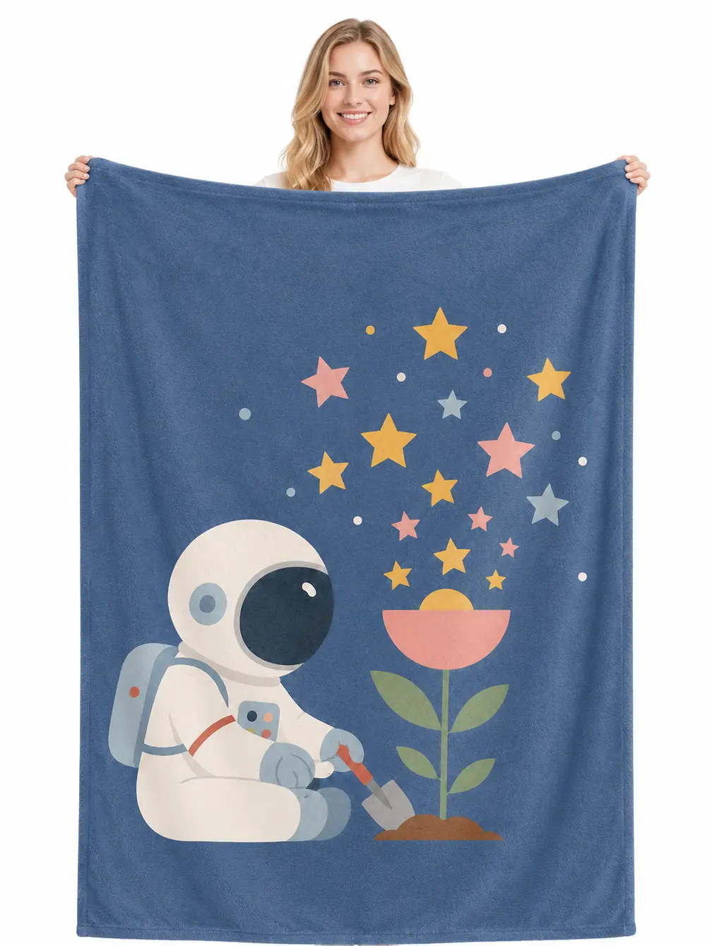 Astronaut Gardening Star Flower Flannel Blanket, Cute Space Themed Soft Cozy Throw Blanket for Bed Couch Sofa, Kids Boys Girls Room Decor, Gift for Space Lovers