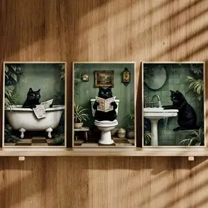 Cute Cat Bathroom Wall Art Set, Vintage Art Deco Style Animal Decor Posters, Creative Canvas Paintings for Bedroom & Living Room, No Frame