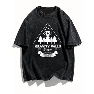 [Vintage Wash] Casual Loose Fit Short Sleeve T-Shirt - Gravity Falls Graphic Print,  Summer Tee, Machine Washable Round Neck Top,Loose Hip-hop, fashion round neck, short sleeve shirt, men gifts ​