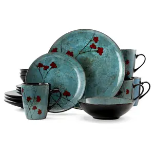 Floral Accents 16 Piece Stoneware Dinnerware Set in Blue