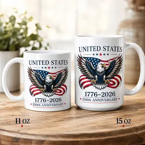 ShinyKT 11oz 15oz Ceramic Eagle Coffee Mug, United States 1776-2026 250th Anniversary Drinkware, Patriotic American Bald Eagle Cup Gift
