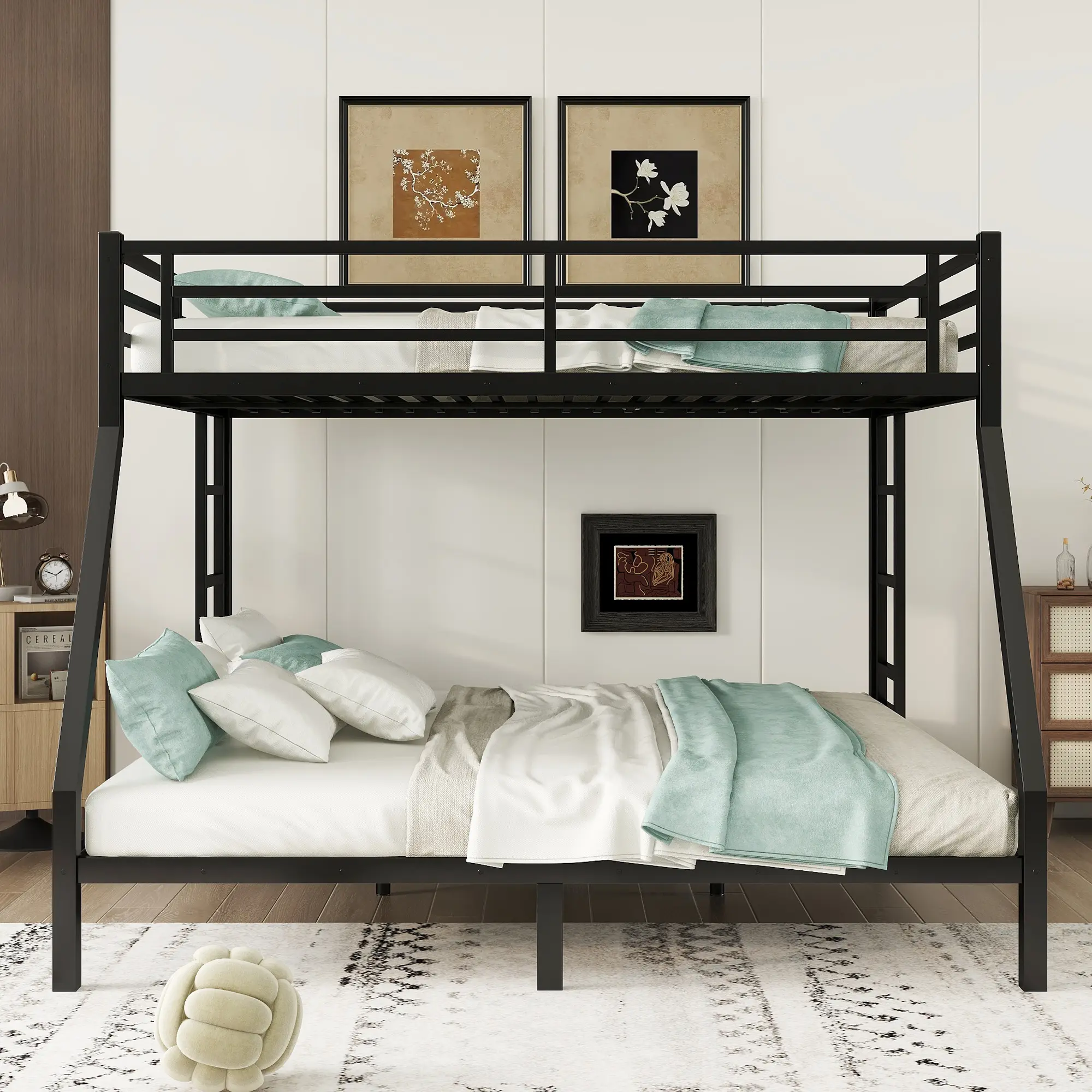 Queen over King Bunk Bed Frame, Metal Bunk Bed Frame Heavy Duty Bunk Beds Loft Bed Frame with Ladder and Guardrail Metal Slats No Box Spring Required for Adults Teens, Queen Over King Size