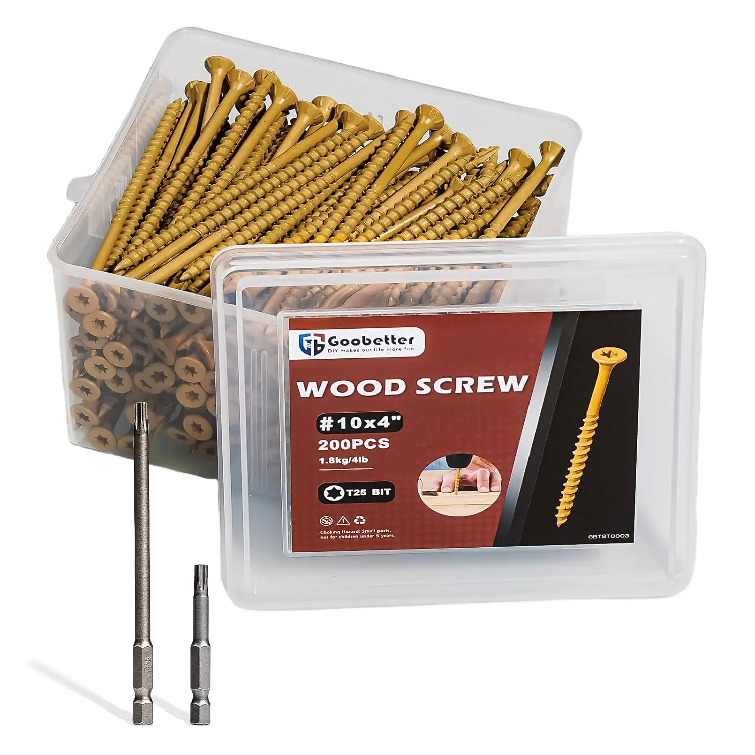 Wood Screws 4 Inch, 200 Pcs Construction Fence Screws, 10 x 4 Deck Exterior Screws for Wood, Rust Resistant, 2 Pcs T25 Star Bits Included, Yellow