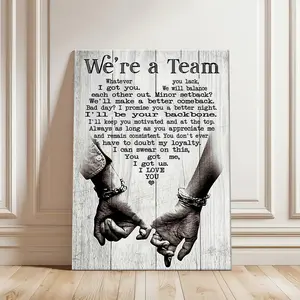 Rustic White Wood Style "We're A Team" Canvas Wall Art, Farmhouse Couple Love Quote Poster, Vintage Pinky Promise Hand Print, Bedroom Decor