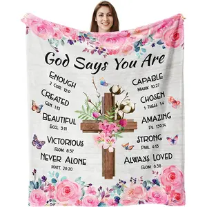 Tuniaops Christian Gifts Blanket for Women - 60"x50" Soft Flannel Religious Bedspread Suitable for Baptism Confirmation, Catholic Decor, Machine Washable Ultrasound-Patterned Multicolor Prayer Gift for Seasons