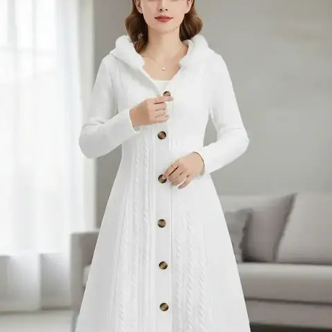 Women's Solid Color Fuzzy Trim Hooded Long Knitted Fabric Coat Casual Long Sleeve Button Front Knitwear Outerwear for Fall & Winter, Ladies Clothes for Daily Wear Womenswear
