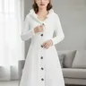 Women's Solid Color Fuzzy Trim Hooded Long Knitted Fabric Coat Casual Long Sleeve Button Front Knitwear Outerwear for Fall & Winter, Ladies Clothes for Daily Wear Womenswear