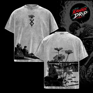 Guts Berserk Golden Age Vintage Washed Tee, Dark Fantasy Anime Graphic T-Shirt, Kentaro Miura Manga Streetwear Oversize Heavy Cotton Top, Retro Wash Shirt for Berserk Fans