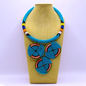 Maasai Inspired Triple Pendant Fine Beads Necklace with Multicolored Pendants Ethnic Jewelry