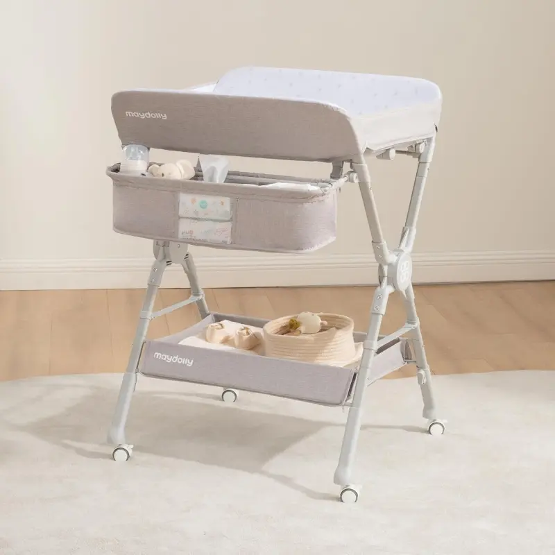 Grey Modern Plain Portable Metal Baby Changing Table - Foldable, Adjustable Height, Mobile on Wheels, 360-Degree Rotatable, PVC Waterproof Easy-to-Clean Surface, Side Pockets, Compact Nursery Diaper Station for 18-24 Months