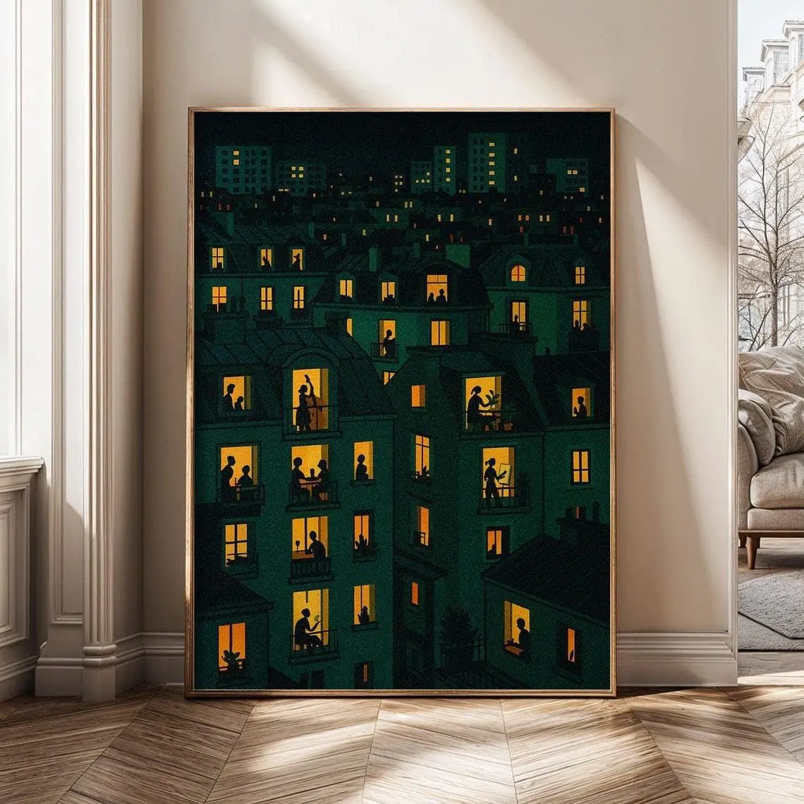 [Sale off up to 50%] [Free ship] [No Frame] Night City Apartment Windows Art – Cozy Urban Wall Art Print | Modern Cityscape Poster for Home Decor