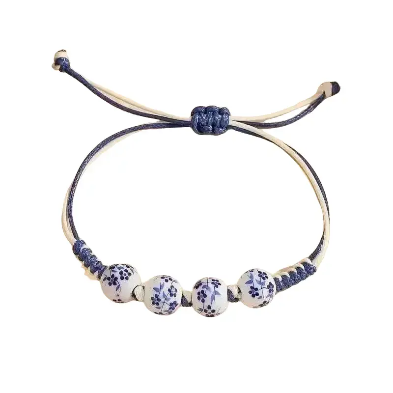 Hand-Woven Adjustable Blue-White Floral Ceramic Beaded Bracelet - Neo-Chinese Chinoiserie Style Unisex Costume Jewelry, Cultural Gift for Friends