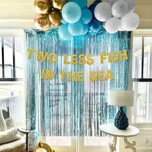 LaVenty Two Less Fishin the Sea Gold Banner Balloons Blue Curtain for Nautical Theme Engagement Party Beach Wedding Anchor Cruise Banner Decorations