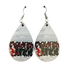 Crawfish Junkie Sublimation Earrings - Pendant Design with Colorful Text, Adjustable Hoop, and Durable Earring Material