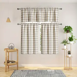 Kitchen Curtains Tiers & Valance Set 3pcs, Gingham Check Short Semi Sheer, Light Filtering Drapes for Bathroom/Kitchen Small Windows Foldable Colorful Room Divider living Transparent Leaf Print