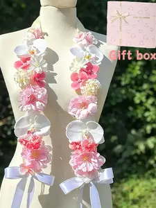Faux Flower Hanging Neck Sash in Gift Box, Heart Bow, Graduation Wedding Party Photo Prop, Elegant Decoration for Bride Graduate